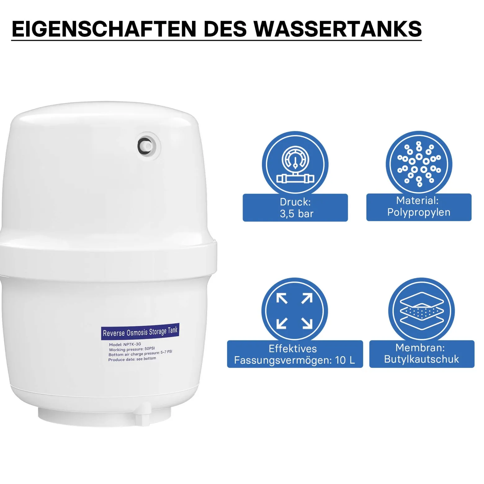 Naturewater 4 G Wassertank (15,14 L) für Umkehrosmose Wasser, Container lebensmittelecht, Vorratsbehälter mit Membran aus Butylkautschuk