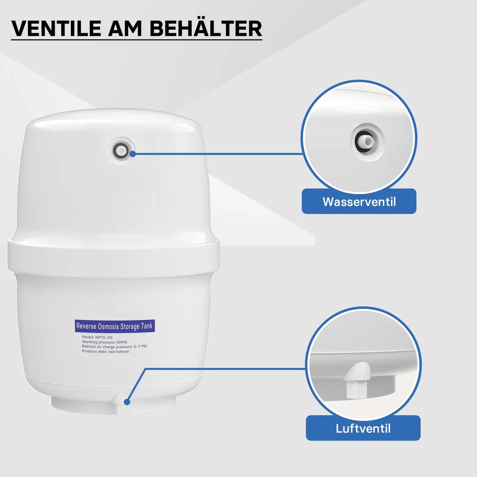 Naturewater 3 G Wassertank (11,35 L) für Umkehrosmose Wasser, Container lebensmittelecht, Vorratsbehälter mit Membran aus Butylkautschuk