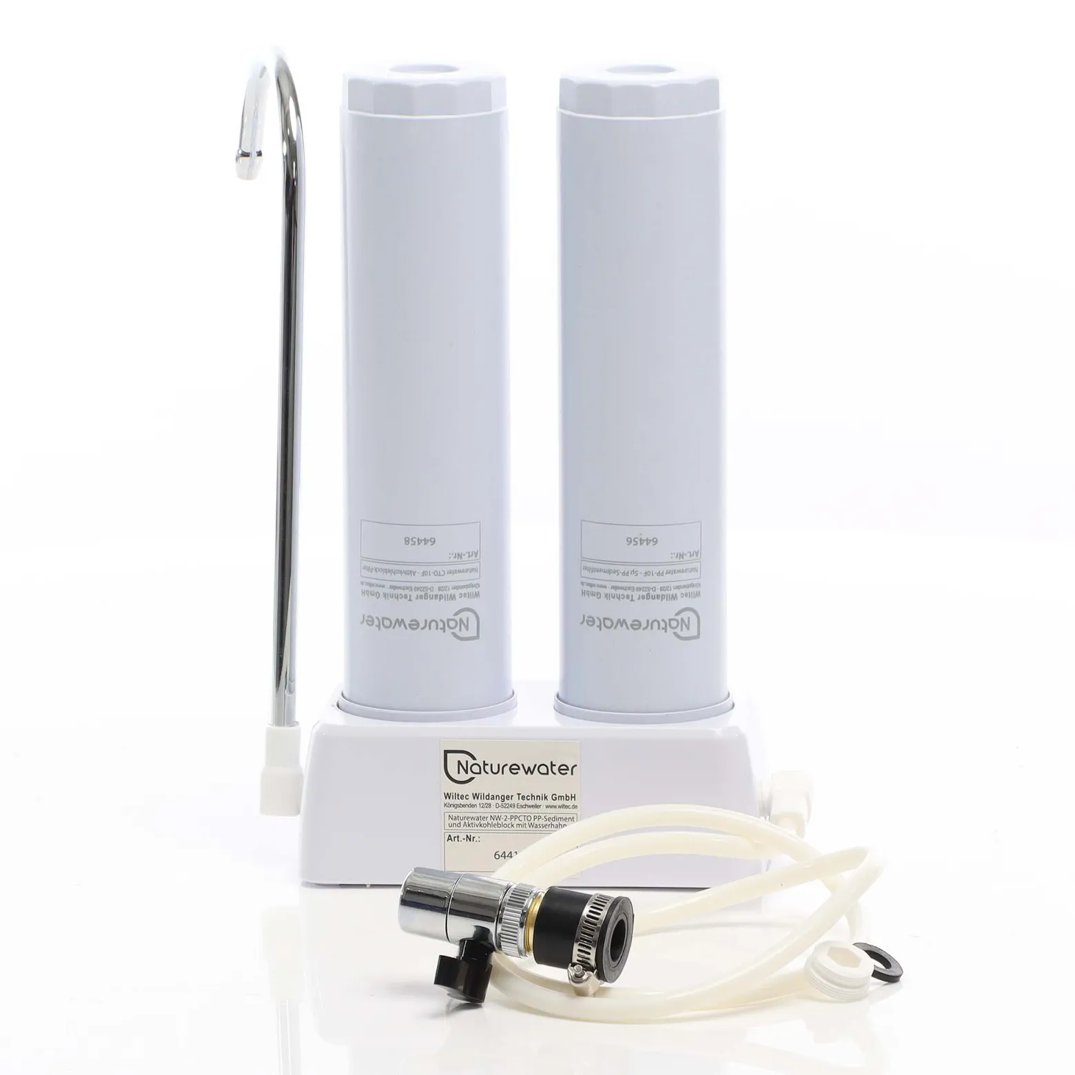 Naturewater NW-2-PPCTO 2 Stufen Counter Top Wasserfilter, 5 µ, PP Sediment und Aktivkohle Block Filtereinsatz, mit Universaladapter, Wasserhahn