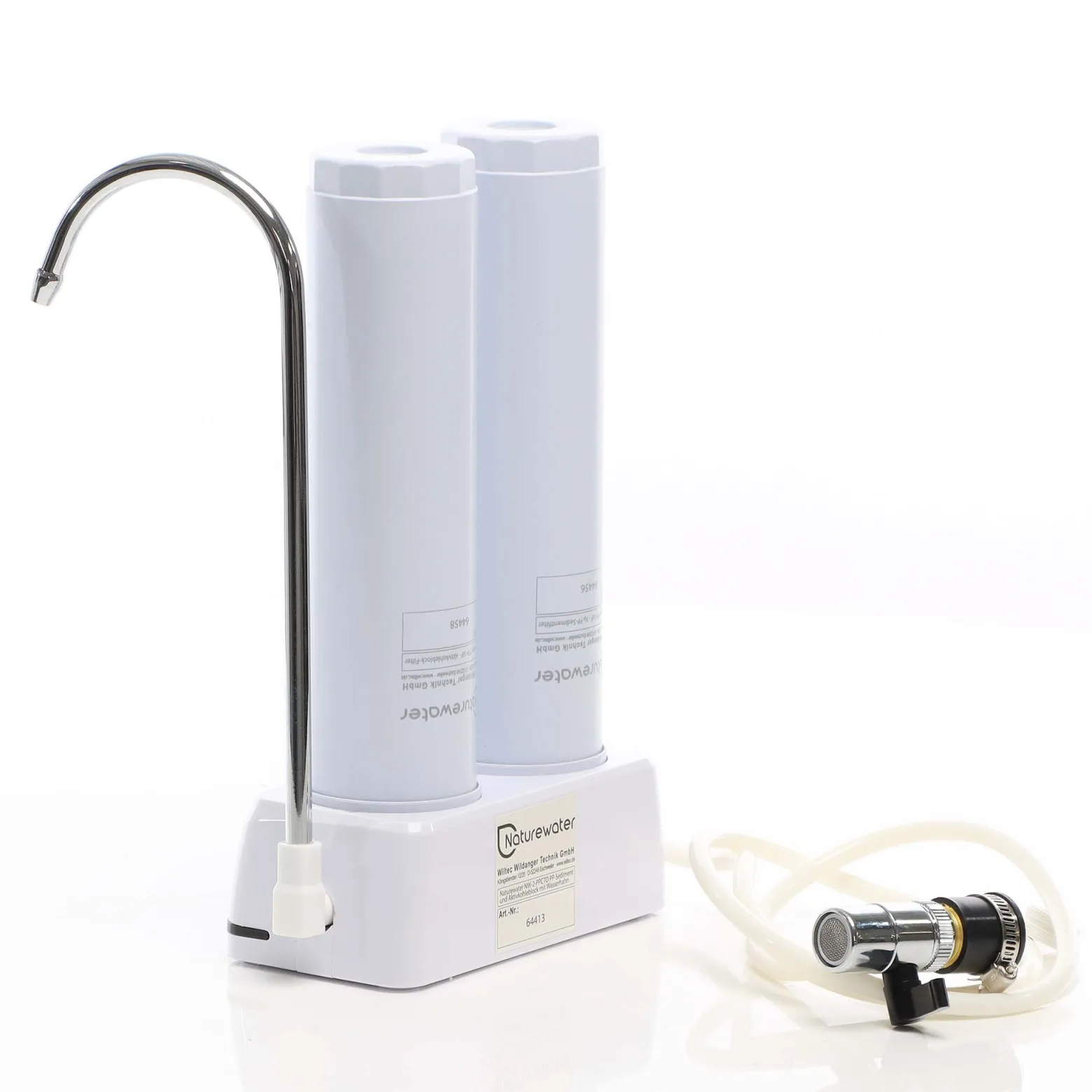 Naturewater NW-2-PPCTO 2 Stufen Counter Top Wasserfilter, 5 µ, PP Sediment und Aktivkohle Block Filtereinsatz, mit Universaladapter, Wasserhahn