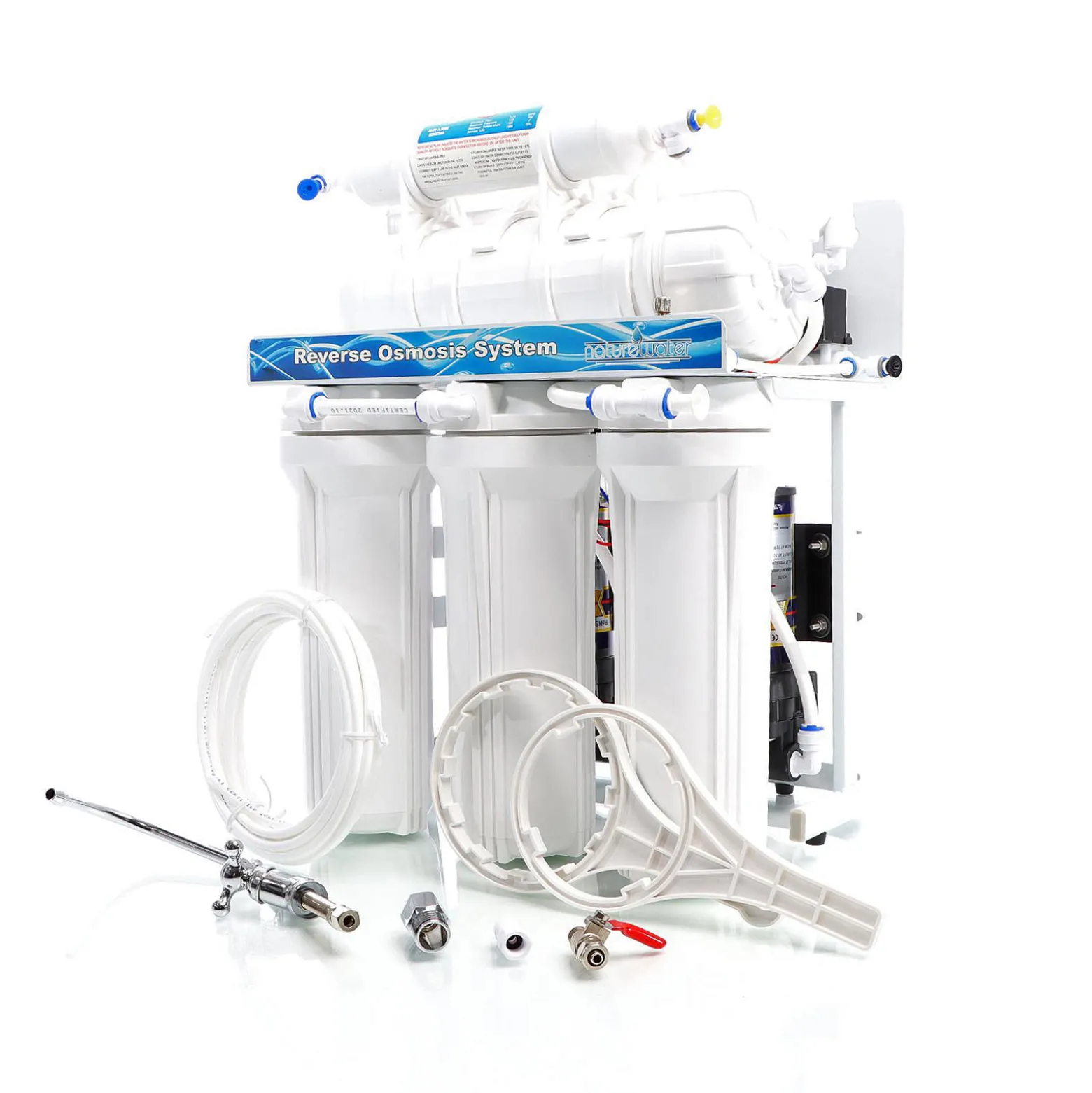 Naturewater NW-RO400-E2 Umkehrosmoseanlage 1500 L/Tag, 5-stufiges Trinkwasser Filtrationssystem, Osmose System mit Druckerhöhungspumpe