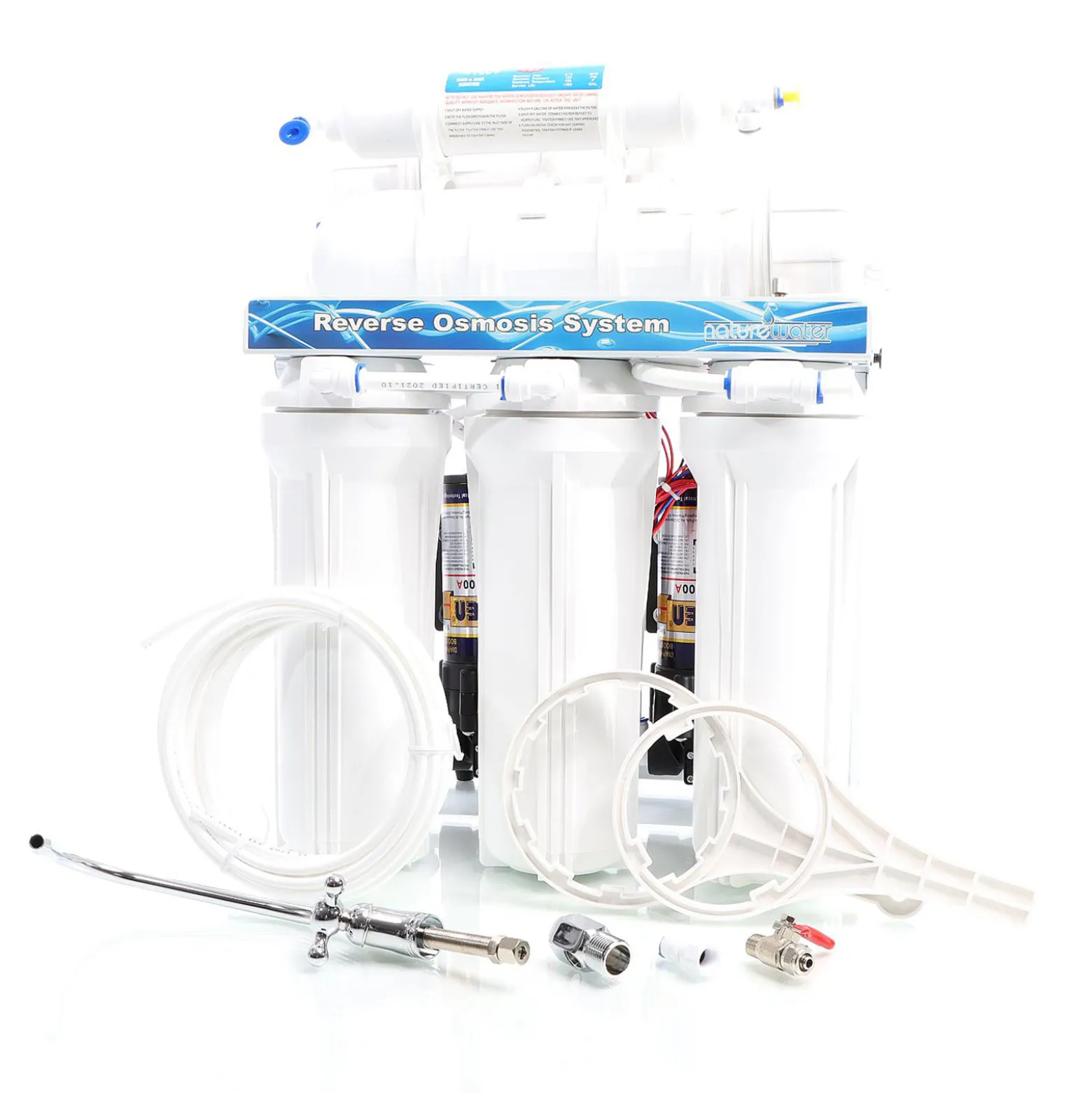 Naturewater NW-RO400-E2 Umkehrosmoseanlage 1500 L/Tag, 5-stufiges Trinkwasser Filtrationssystem, Osmose System mit Druckerhöhungspumpe