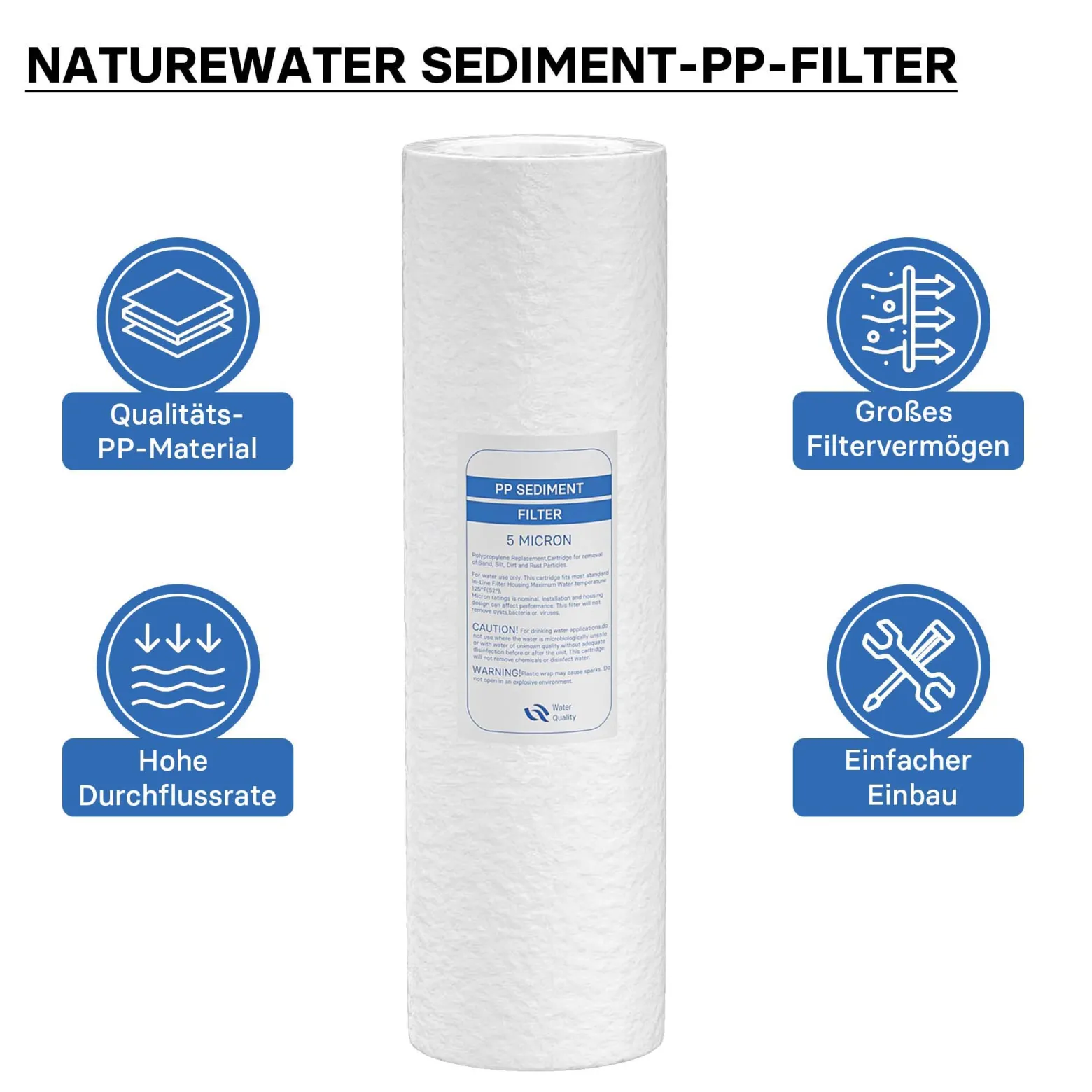 Naturewater PP-20A-1 Sedimentfilter 20 Zoll (508 mm) 5 µ Ersatz Wasserfilter, Umkehrosmose Filter, Ersatz Filterkartusche