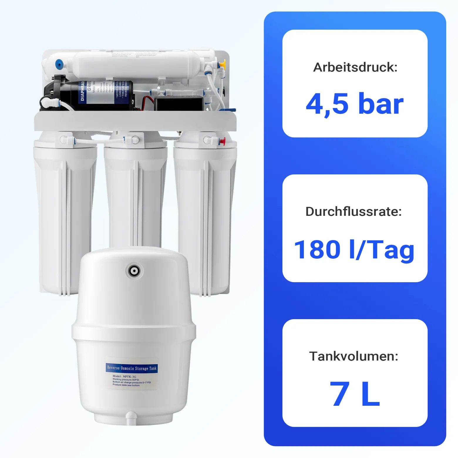 Naturewater 5 Stufen Umkehrosmose 180 L/Tag mit Druckerhöhungspumpe und manuellem Ventil, RO Omsoseanlage für sauberes Trinkwasser
