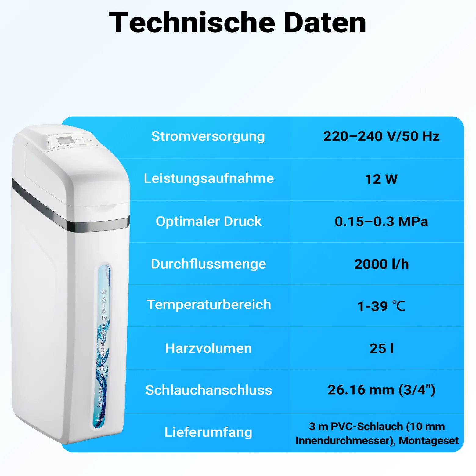Naturewater Wasserenthärtungsanlage 2000 l/h, automatische Enthärtungsanlage, Entkalkungsanlage mit Ionentauscher, Wasserenthärter mit 25 l Harztank