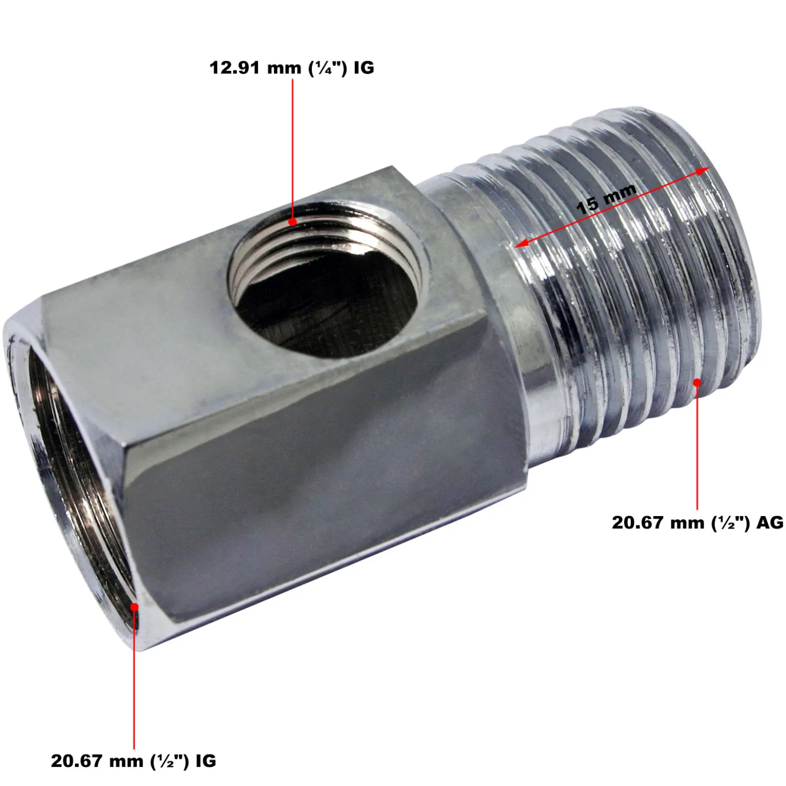 Naturewater Wasserhahn Adapter Eckventil mit 20,6 mm AG (1/2") / 20,6 mm IG (1/2") / 12,91 mm IG (1/4") für Trinkwasser, Osmose, Umkehrosmose (RO)