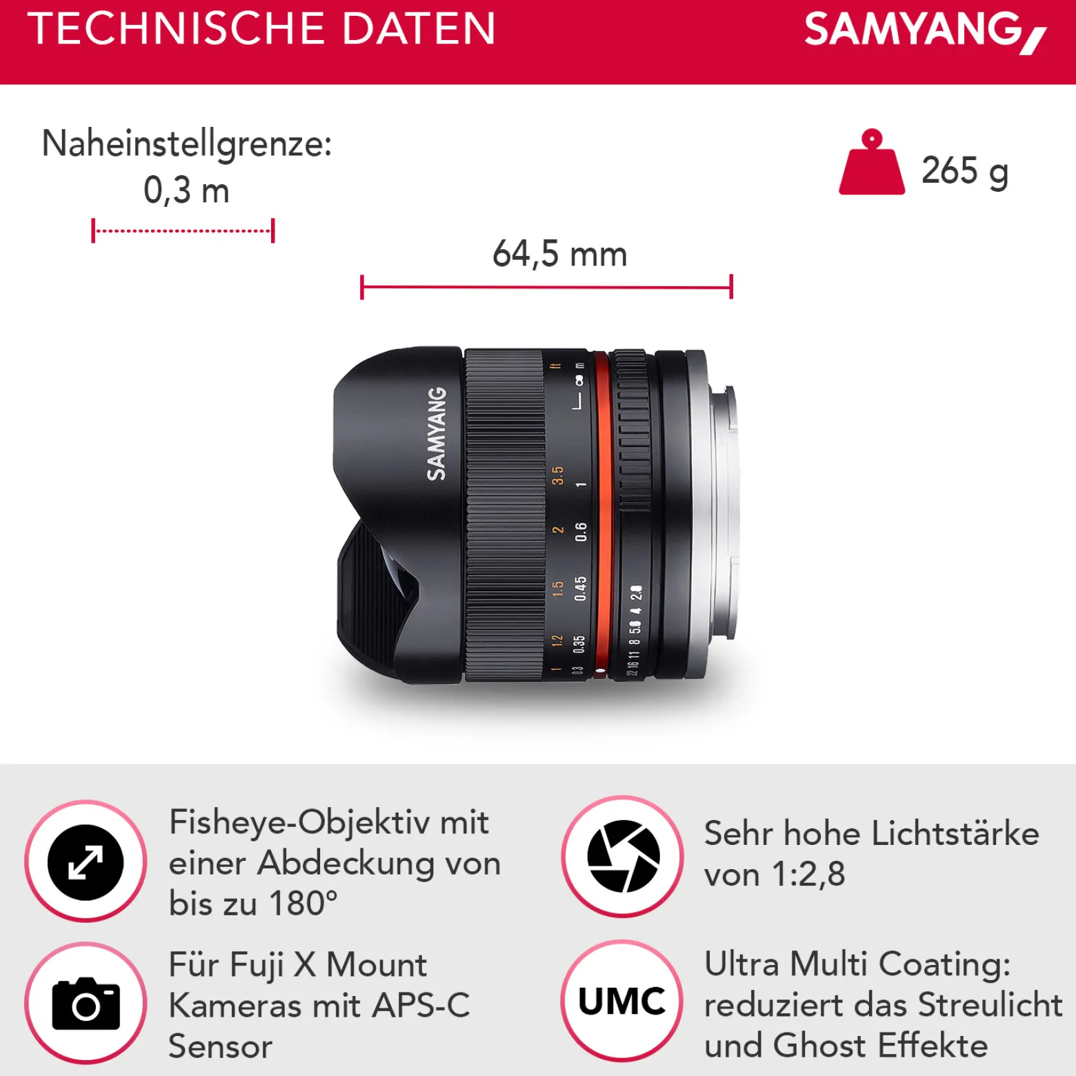 Samyang MF 8mm F2,8 Fisheye II Objektiv kompatibel mit Fuji X, Fish Eye Kameraobjektiv mit 180° Bildwinkel, Fischaugenobjektiv für APS-C Sensor, Weitwinkelobjektiv mit manueller Scharfeinstellung