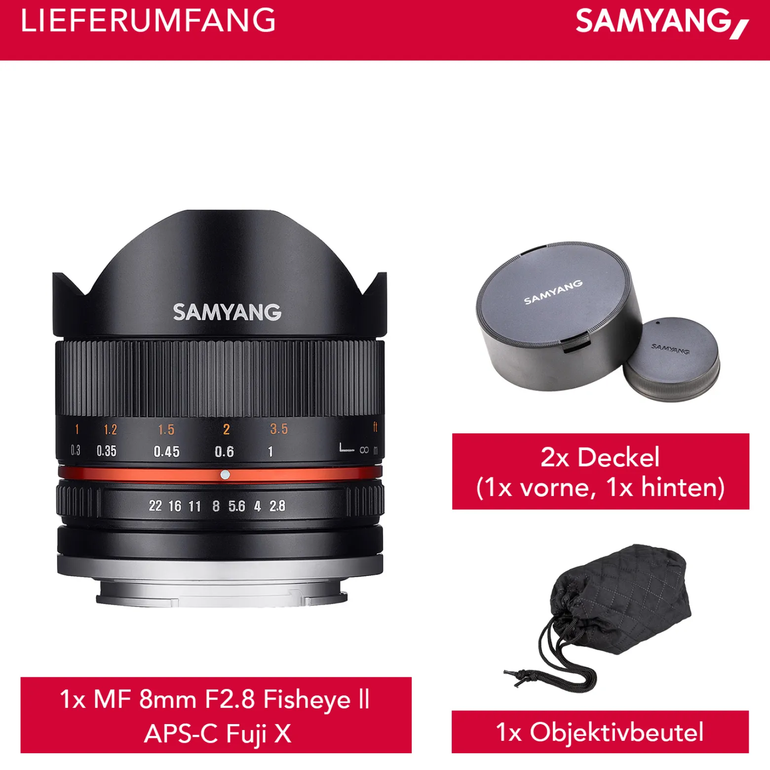 Samyang MF 8mm F2,8 Fisheye II Objektiv kompatibel mit Fuji X, Fish Eye Kameraobjektiv mit 180° Bildwinkel, Fischaugenobjektiv für APS-C Sensor, Weitwinkelobjektiv mit manueller Scharfeinstellung