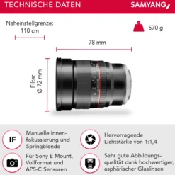 Samyang MF 85 mm Objektiv F1.4 AS IF UMC kompatibel mit Sony E, Kameraobjektiv für Vollformat und APS-C Kameras, hochwertiges Portraitobjektiv mit Innenfokussierung, hohe Lichtstärke