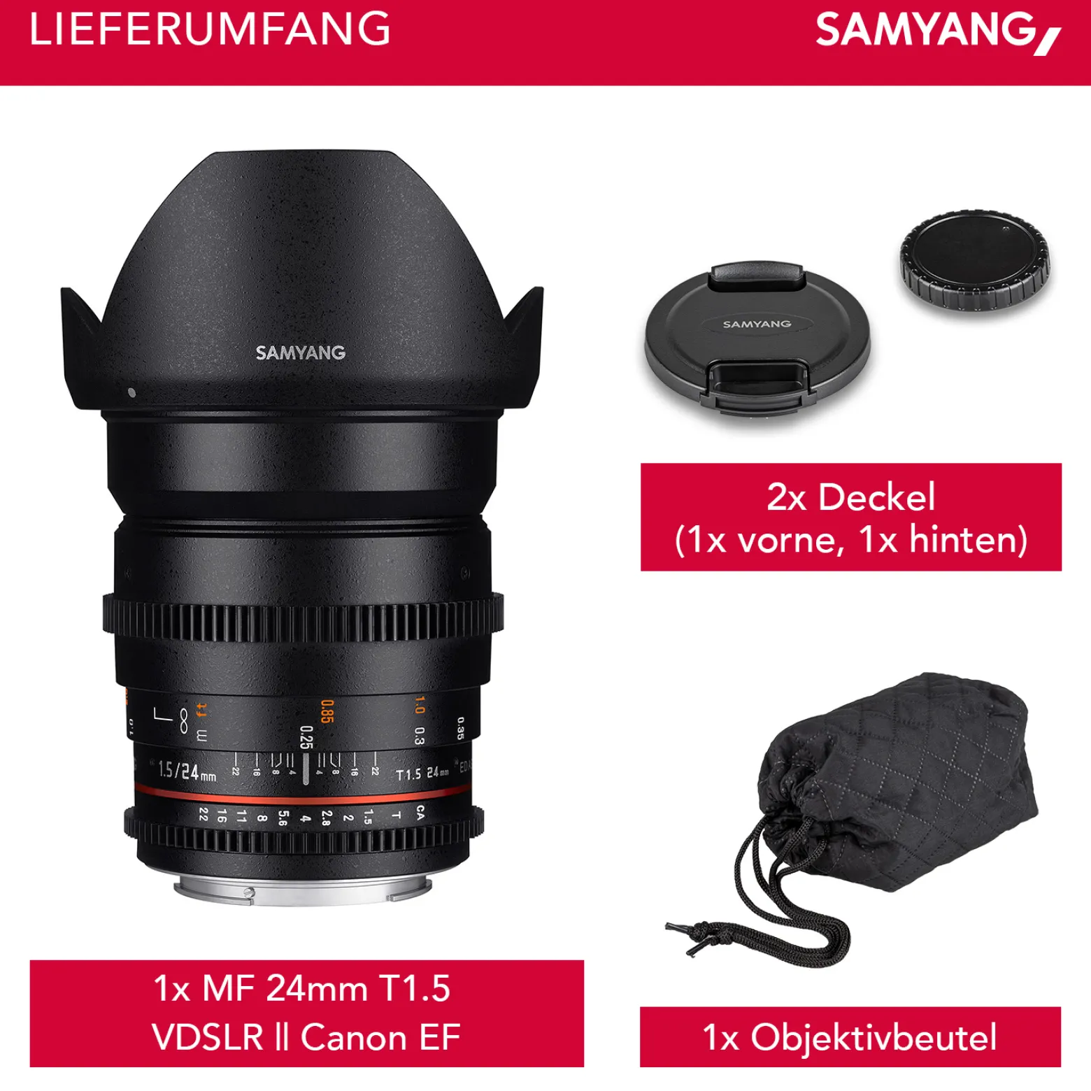 Samyang 24/1,5 Objektiv Video DSLR II Canon EF manueller Fokus Videoobjektiv 0,8 Zahnkranz Gear, Weitwinkelobjektiv schwarz