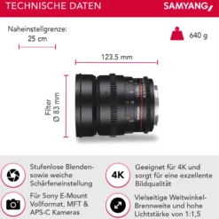 SAMYANG Objektiv Video DSLR II Sony E 24 mm / T1.5 Manueller Fokus Videoobjektiv 0,8 Zahnkranz Gear, Weitwinkelobjektiv, schwarz