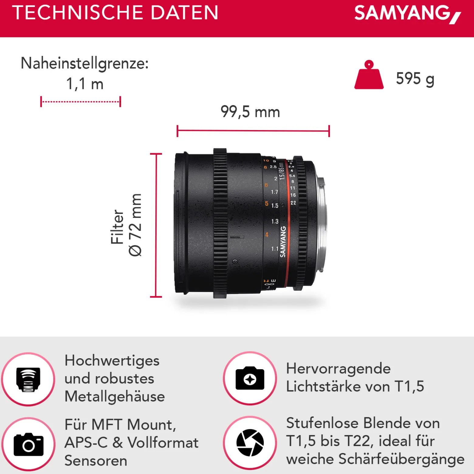 Samyang 85/1,5 Objektiv Video DSLR II MFT manueller Fokus Videoobjektiv 0,8 Zahnkranz Gear, Porträtobjektiv schwarz