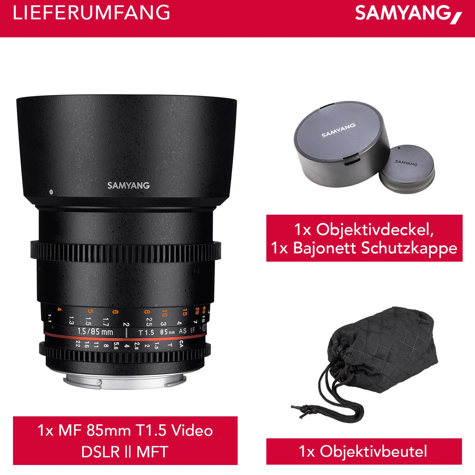 Samyang 85/1,5 Objektiv Video DSLR II MFT manueller Fokus Videoobjektiv 0,8 Zahnkranz Gear, Porträtobjektiv schwarz