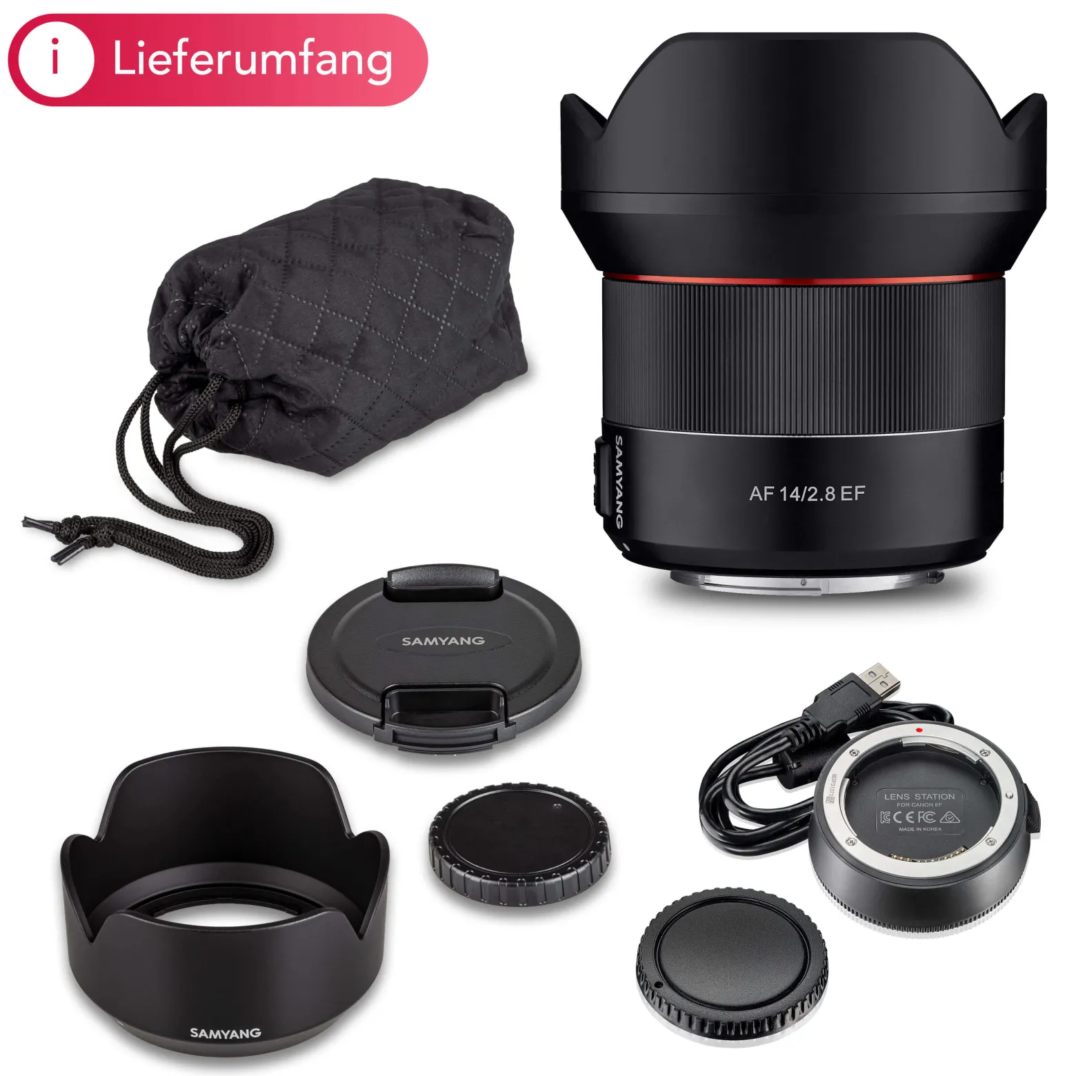 Samyang Set aus Weitwinkel Objektiv 8008 AF 14mm F2,8 EF kompatibel mit Canon EF und Lens Station – 116,6° Bildwinkel, präziser Autofokus – Festbrennweite für Spiegelreflex EF Vollformat & APS-C Kameras