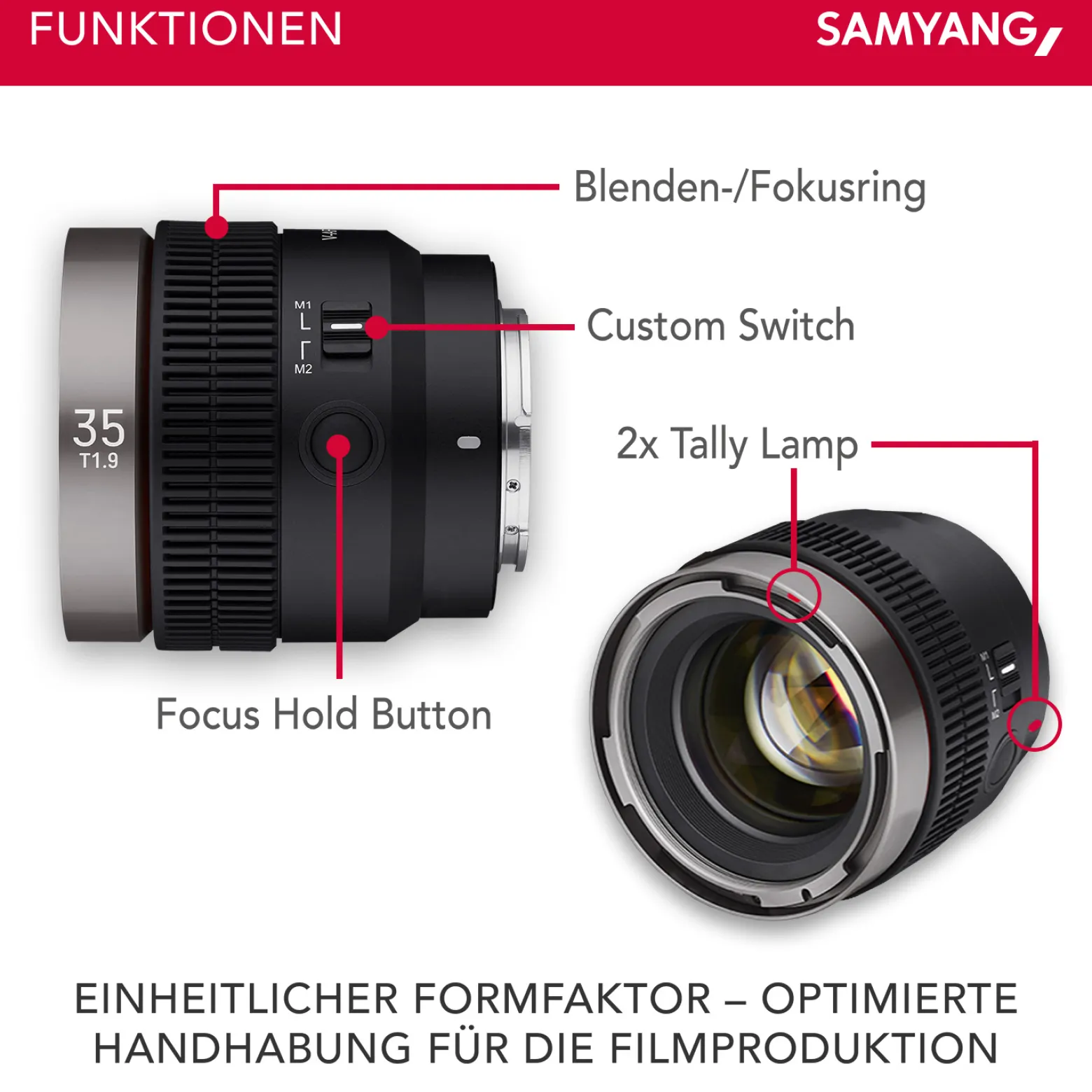 Samyang V-AF 35 mm T1,9 FE Video-Objektiv kompatibel mit Sony E, Kameraobjektiv mit Autofokus, 8K Auflösung, hohe Lichtstärke, integrierte Tally Lamp geeignet für Vollformat und APS-C