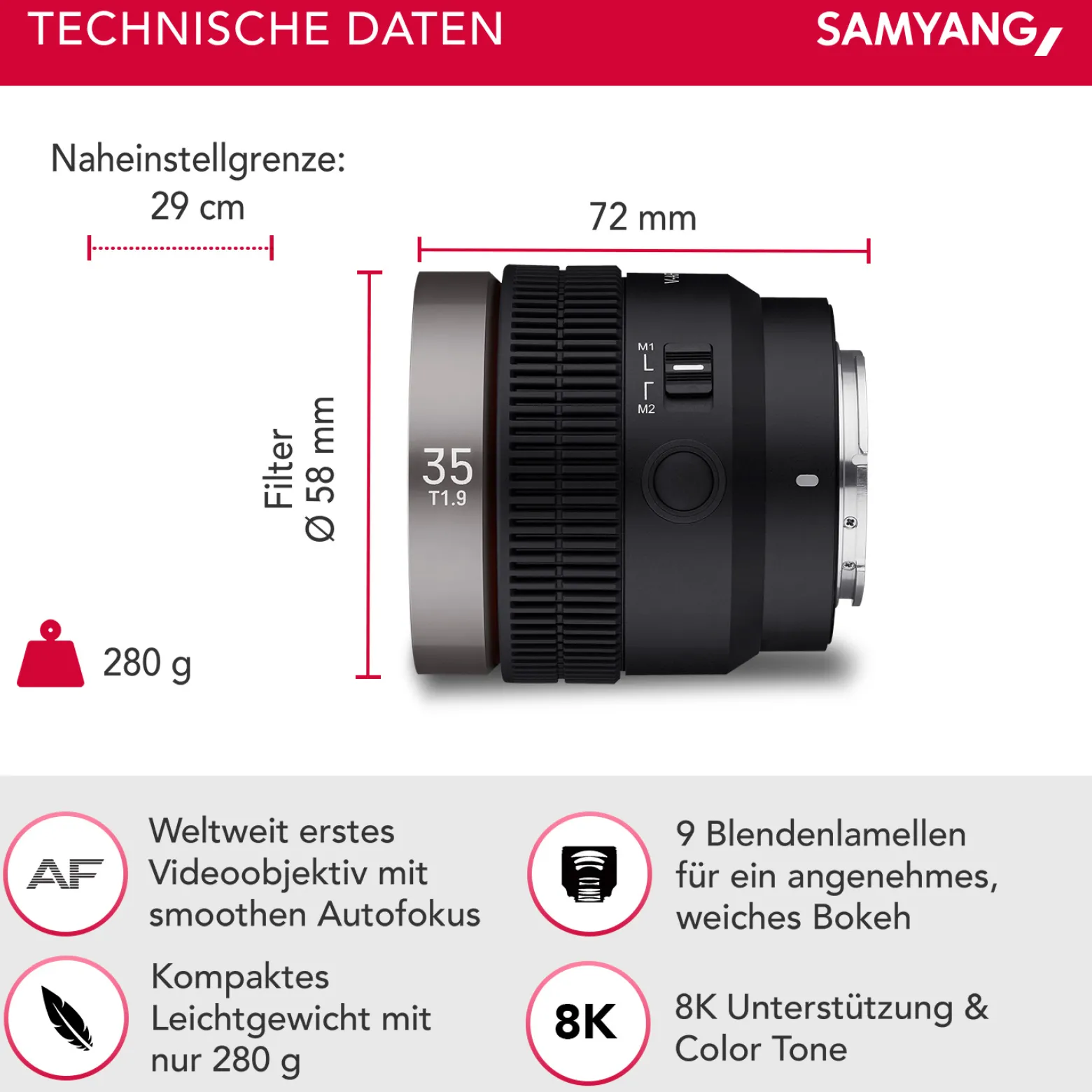 Samyang V-AF 35 mm T1,9 FE Video-Objektiv kompatibel mit Sony E, Kameraobjektiv mit Autofokus, 8K Auflösung, hohe Lichtstärke, integrierte Tally Lamp geeignet für Vollformat und APS-C