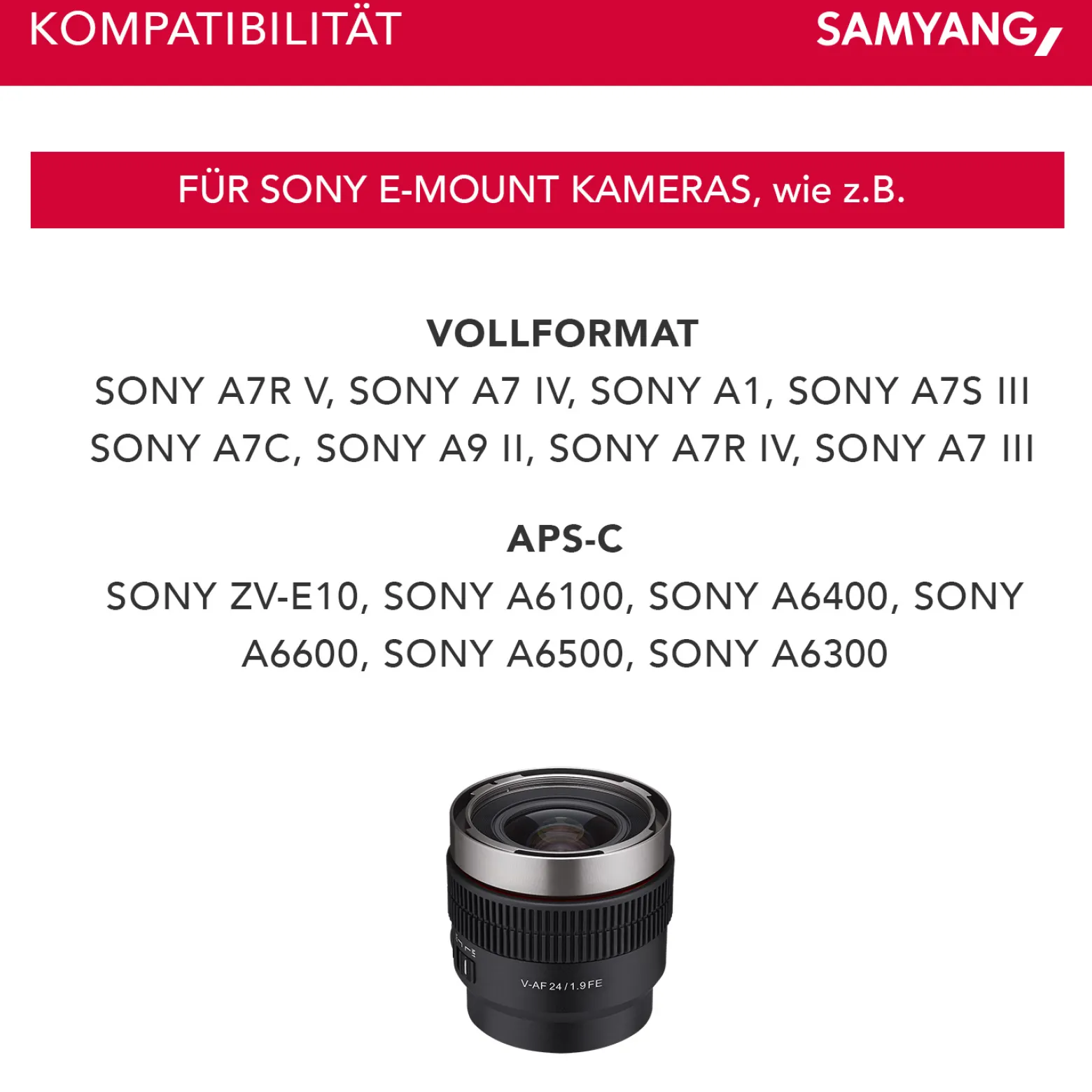 Samyang V-AF 24 mm T1,9 FE Video-Objektiv kompatibel mit Sony E, Kameraobjektiv mit Autofokus, 8K Auflösung, hohe Lichtstärke, integrierte Tally Lamp geeignet für Vollformat und APS-C