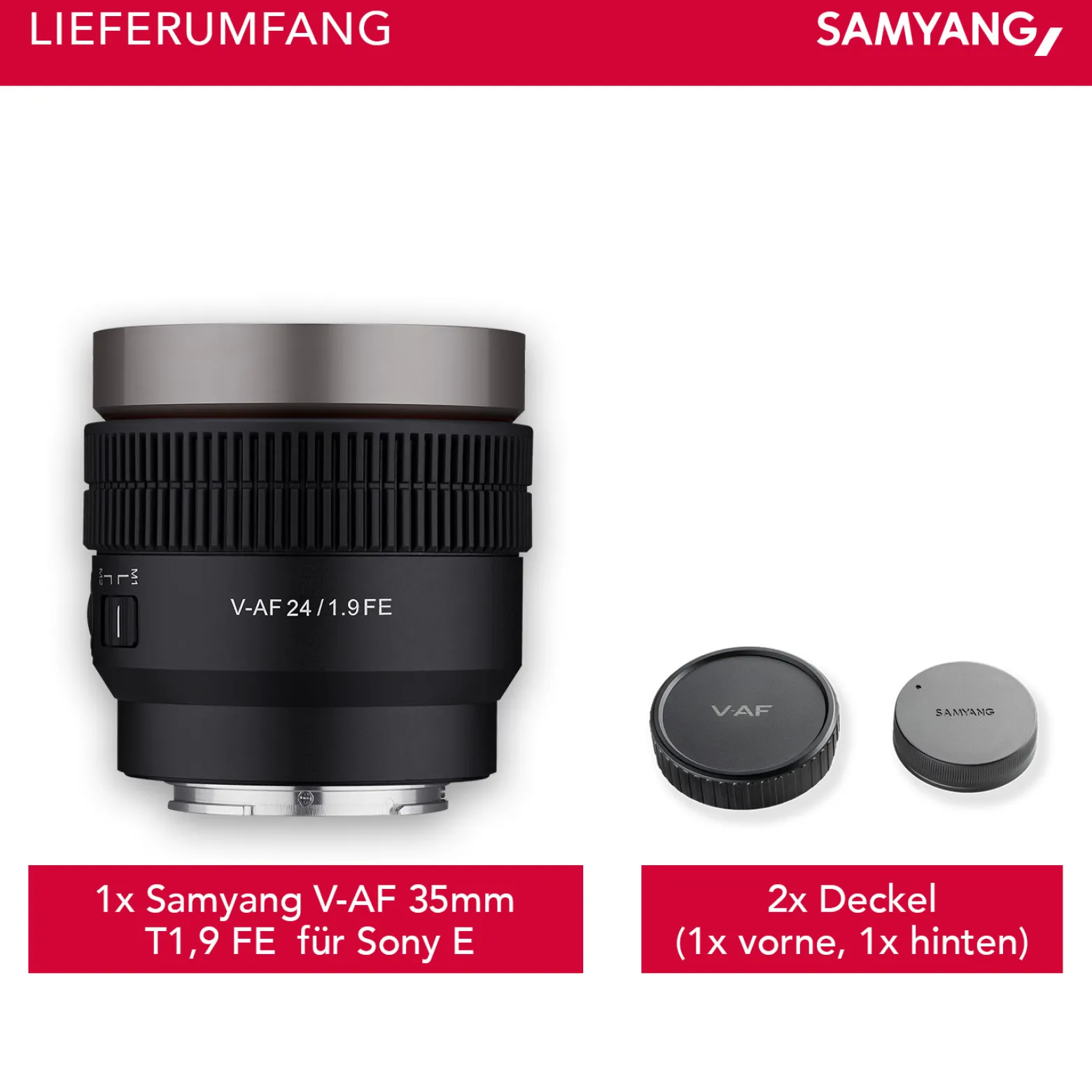 Samyang V-AF 24 mm T1,9 FE Video-Objektiv kompatibel mit Sony E, Kameraobjektiv mit Autofokus, 8K Auflösung, hohe Lichtstärke, integrierte Tally Lamp geeignet für Vollformat und APS-C