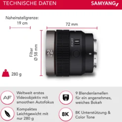 Samyang V-AF 24 mm T1,9 FE Video-Objektiv kompatibel mit Sony E, Kameraobjektiv mit Autofokus, 8K Auflösung, hohe Lichtstärke, integrierte Tally Lamp geeignet für Vollformat und APS-C