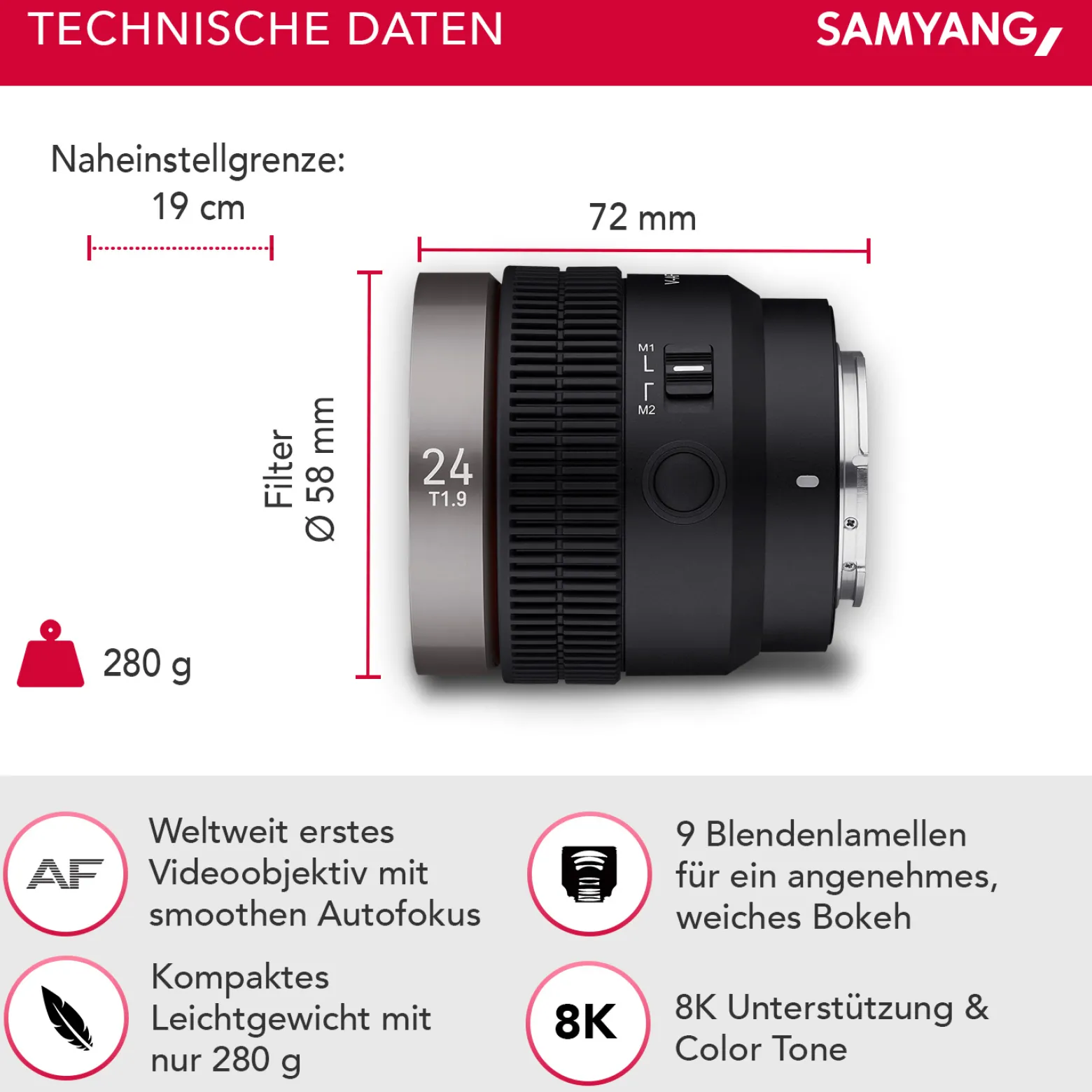 Samyang V-AF 24 mm T1,9 FE Video-Objektiv kompatibel mit Sony E, Kameraobjektiv mit Autofokus, 8K Auflösung, hohe Lichtstärke, integrierte Tally Lamp geeignet für Vollformat und APS-C