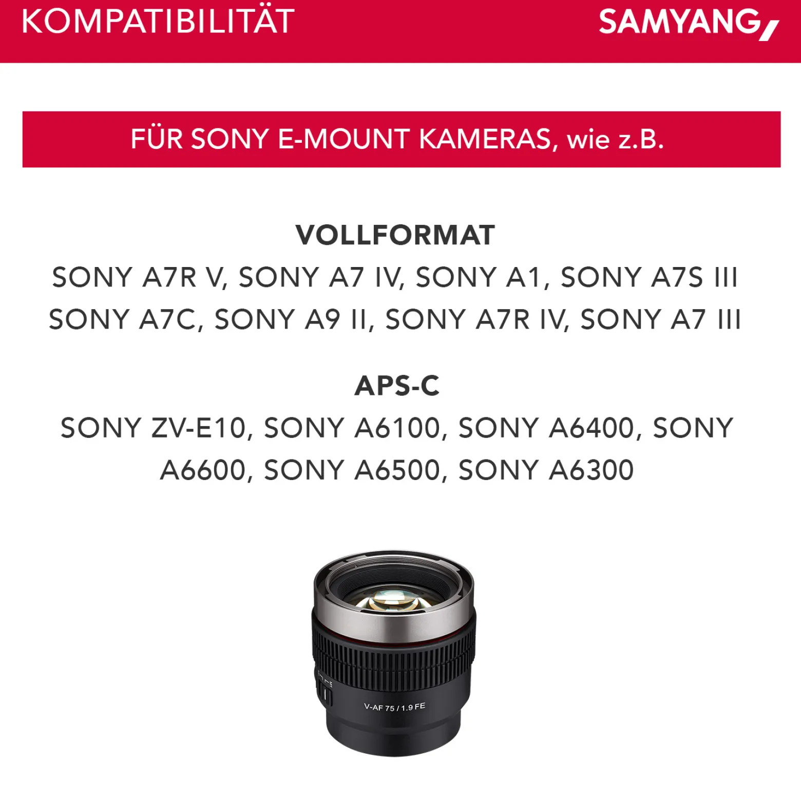 Samyang V-AF 75 mm T1,9 FE Video-Objektiv kompatibel mit Sony E, Kameraobjektiv mit Autofokus, 8K Auflösung, hohe Lichtstärke, integrierte Tally Lamp geeignet für Vollformat und APS-C