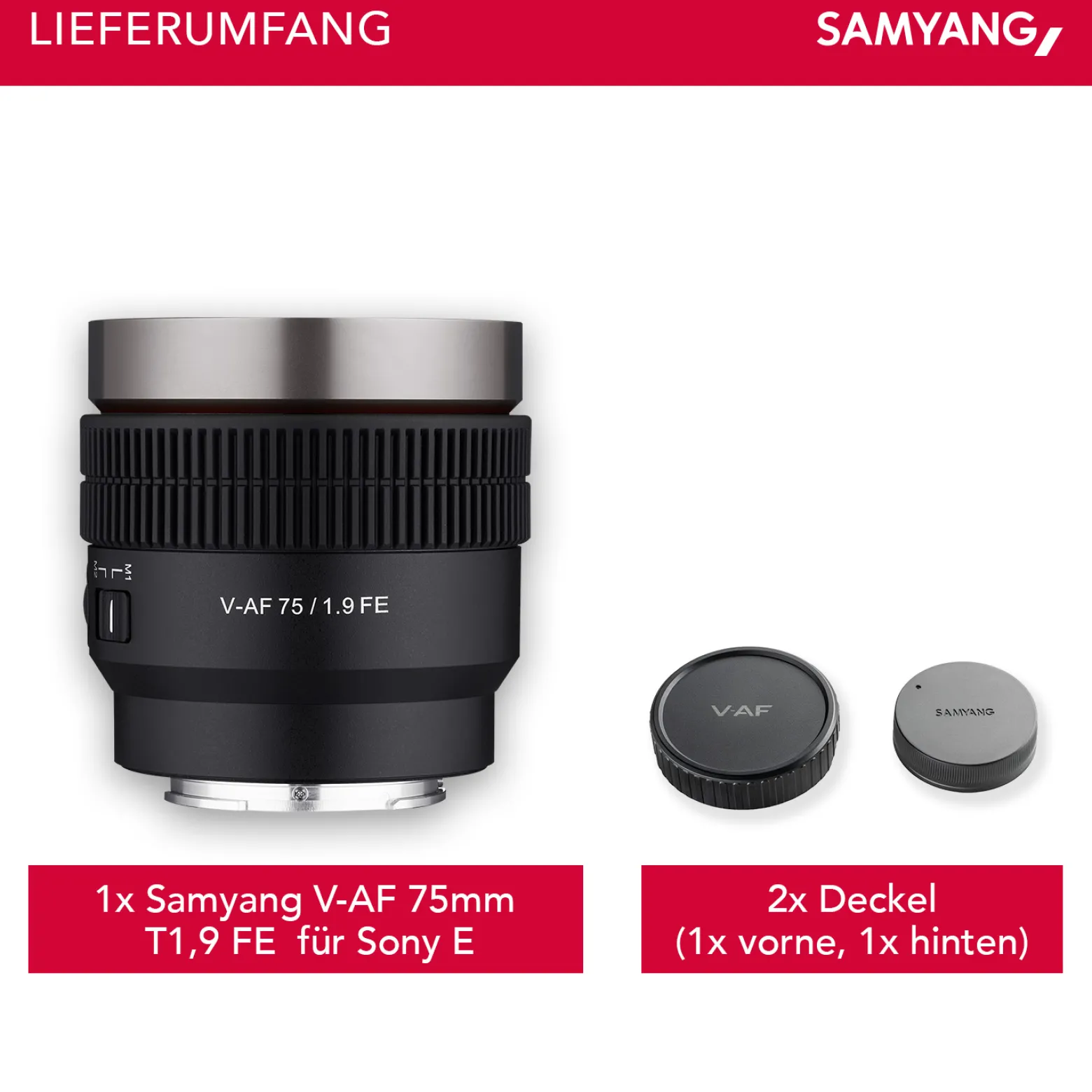 Samyang V-AF 75 mm T1,9 FE Video-Objektiv kompatibel mit Sony E, Kameraobjektiv mit Autofokus, 8K Auflösung, hohe Lichtstärke, integrierte Tally Lamp geeignet für Vollformat und APS-C