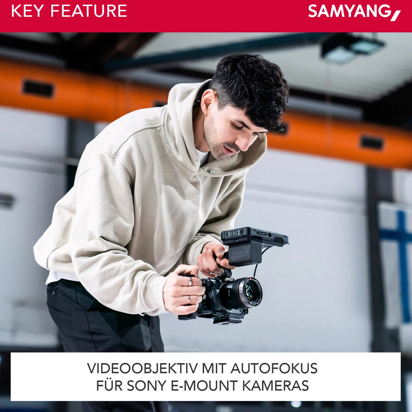 Samyang V-AF 75 mm T1,9 FE Video-Objektiv kompatibel mit Sony E, Kameraobjektiv mit Autofokus, 8K Auflösung, hohe Lichtstärke, integrierte Tally Lamp geeignet für Vollformat und APS-C