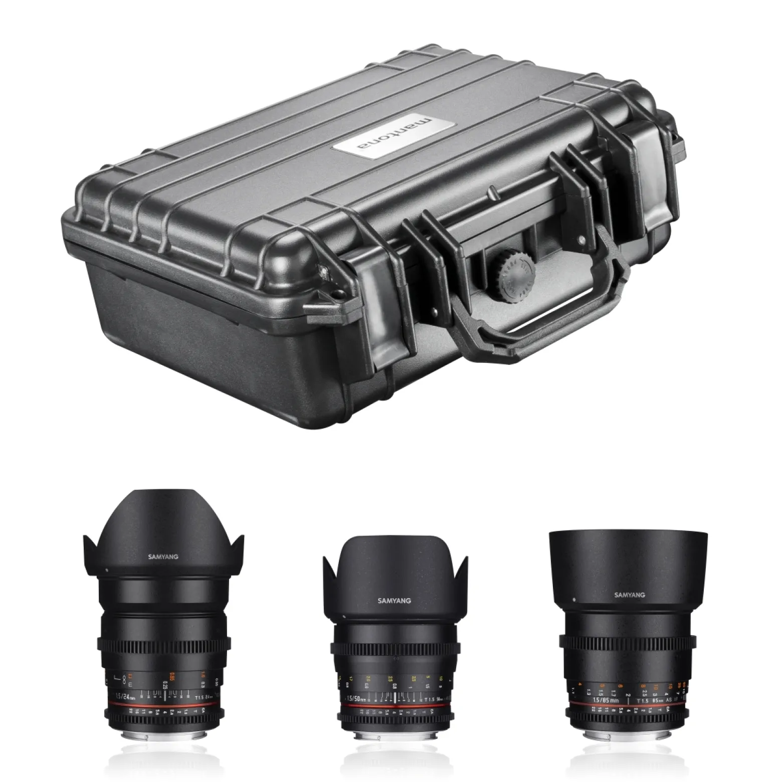 Samyang Video DSLR Basic Objektiv Set - mit VDSLR Objektiven 24/1,5 / 50/1,5 / 85/1,5 und Outdoor Koffer - kompatibel mit MFT Kameras - für Fotografie Videografie