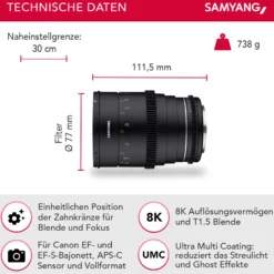 Samyang Weitwinkel Cine- und Video Objektiv MF 35mm T1,5 VDSLR MK2 EF – lichtstark T1,5 kompatibel mit Canon EF Mount, 35 mm Festbrennweite, Follow Focus Zahnkränze Vollformat und APS-C, 8K Auflösung