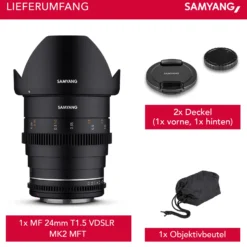 Samyang Weitwinkel Cine- und Video Objektiv MF 24mm T1,5 VDSLR MK2 MFT – lichtstark T1,5 für MFT Mount, 24 mm Festbrennweite, Follow Focus Zahnkränze Vollformat, APS-C und MFT, 8K Auflösung