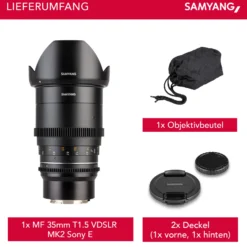 Samyang Weitwinkel Cine- und Video Objektiv MF 35mm T1,5 VDSLR MK2 – lichtstark T1,5 kompatibel mit Sony E Mount, 35 mm Festbrennweite, Follow Focus Zahnkränze Vollformat und APS-C, 8K Auflösung