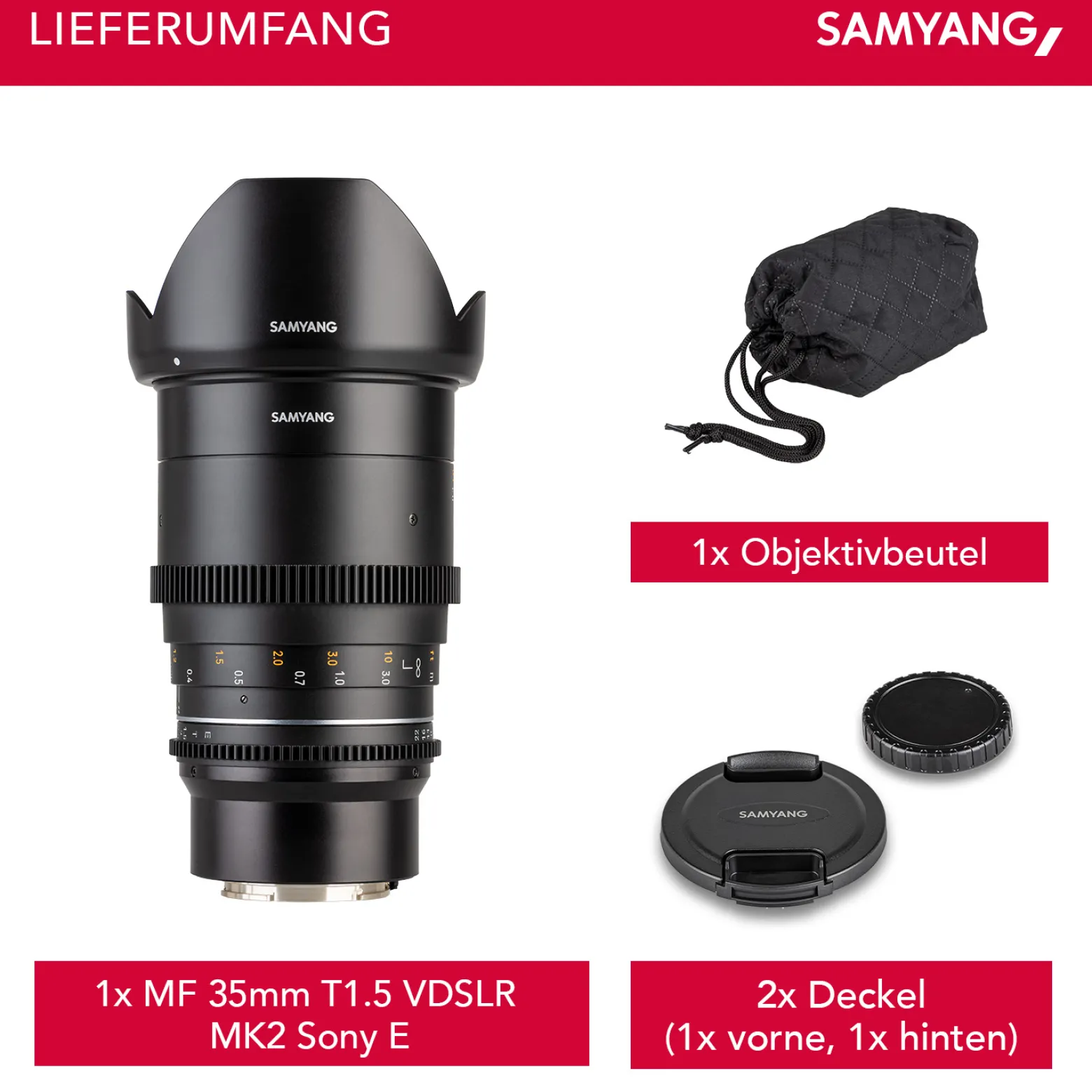 Samyang Weitwinkel Cine- und Video Objektiv MF 35mm T1,5 VDSLR MK2 – lichtstark T1,5 kompatibel mit Sony E Mount, 35 mm Festbrennweite, Follow Focus Zahnkränze Vollformat und APS-C, 8K Auflösung