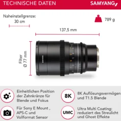 Samyang Weitwinkel Cine- und Video Objektiv MF 35mm T1,5 VDSLR MK2 – lichtstark T1,5 kompatibel mit Sony E Mount, 35 mm Festbrennweite, Follow Focus Zahnkränze Vollformat und APS-C, 8K Auflösung