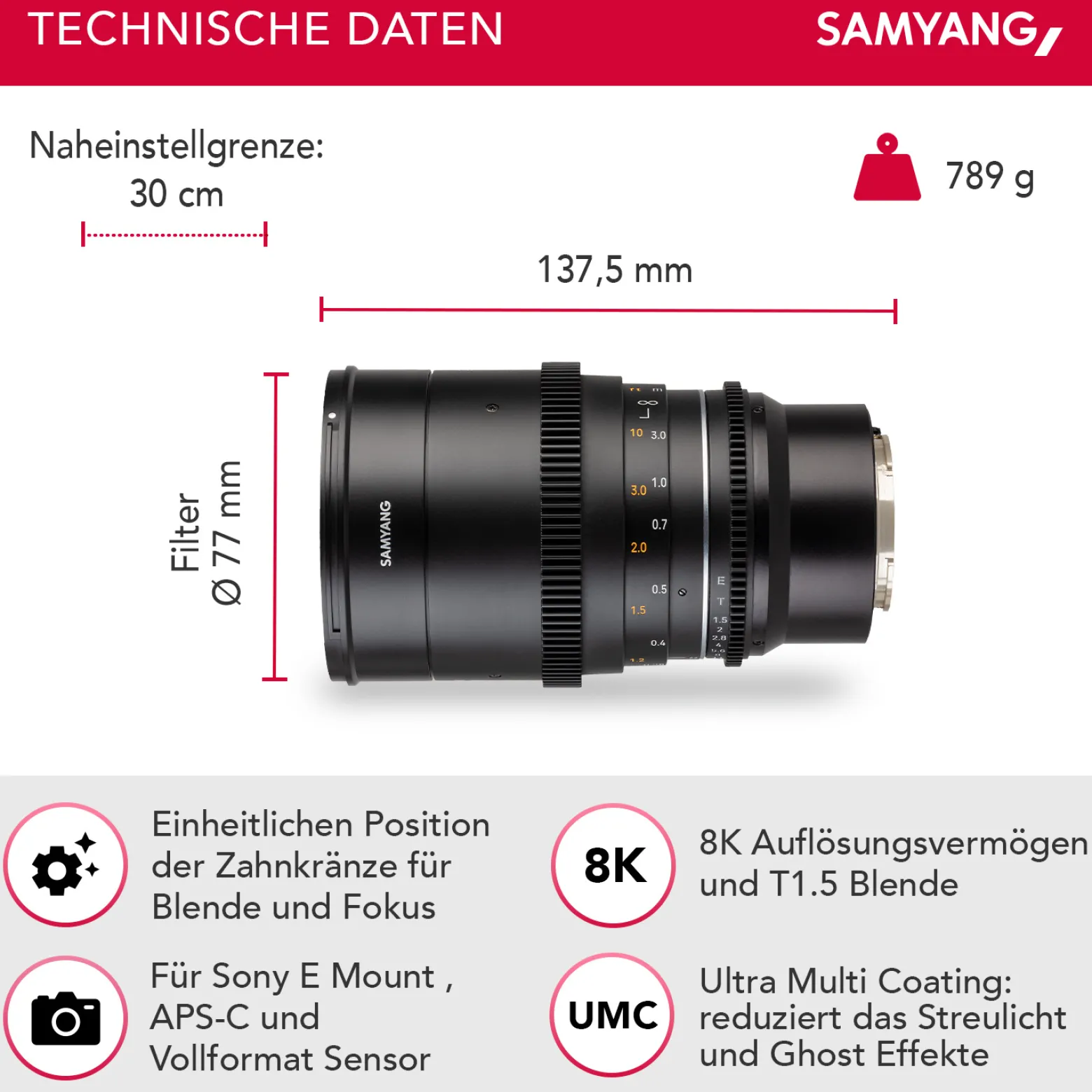 Samyang Weitwinkel Cine- und Video Objektiv MF 35mm T1,5 VDSLR MK2 – lichtstark T1,5 kompatibel mit Sony E Mount, 35 mm Festbrennweite, Follow Focus Zahnkränze Vollformat und APS-C, 8K Auflösung