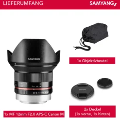Samyang Weitwinkel Festbrennweite Objektiv 12mm F2.0 APS-C kompatibel mit Canon M – APS-C, manueller Fokus – für Kamera EOS M6 Mark II, EOS M50, EOS M200, EOS M100, EOS M10, EOS M6 II – schwarz