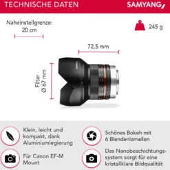 Samyang Weitwinkel Festbrennweite Objektiv 12mm F2.0 APS-C kompatibel mit Canon M – APS-C, manueller Fokus – für Kamera EOS M6 Mark II, EOS M50, EOS M200, EOS M100, EOS M10, EOS M6 II – schwarz