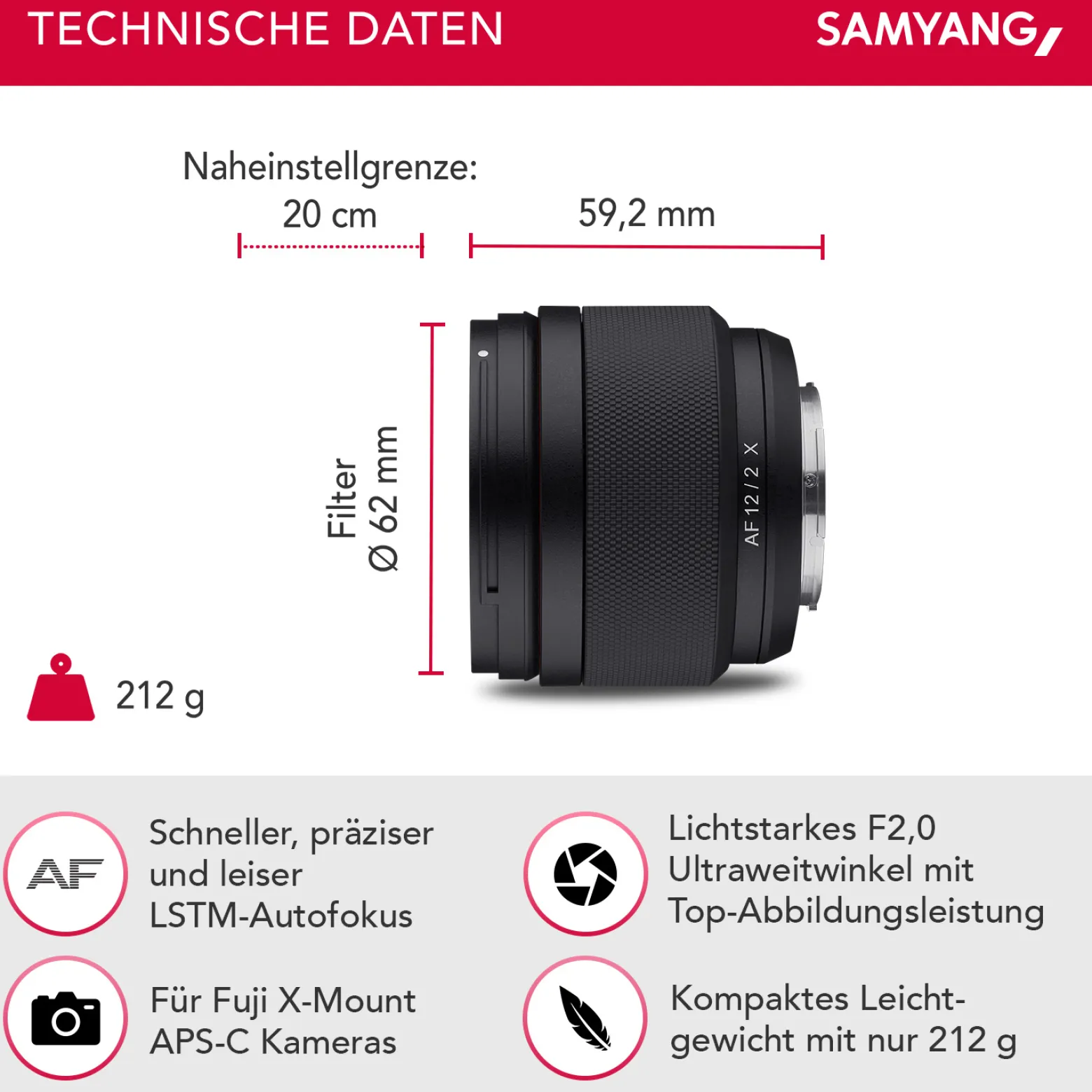 Samyang Weitwinkel Objektiv AF 12mm F2,0 kompatibel mit Fuji X – lichtstarkes Ultraweitwinkel, kompakt & leicht, Wetterschutz & leiser Autofokus, passend für Kameras X-T4 T3 X-T30 X-T20 X-E4 XE3