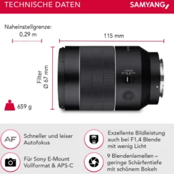 Samyang Weitwinkel Objektiv AF 35mm F1,4 II FE kompatibel mit Sony E Mount – Autofokus Vollformat & APS-C Festbrennweite – für spiegellose Systemkameras – Alu/Wetterschutz – A9 A7 A1 Alpha 6000 Serie