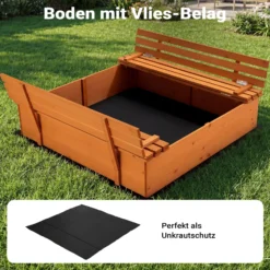 Sandkasten mit Deckel 2 Sitzbänke 98 x 98 x 21 cm, Sandkiste aus Holz mit klappbaren Bänken, Sandkasten mit Abdeckung, Sandbox mit Vliesboden