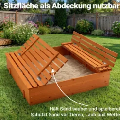 Sandkasten mit Deckel 2 Sitzbänke 98 x 98 x 21 cm, Sandkiste aus Holz mit klappbaren Bänken, Sandkasten mit Abdeckung, Sandbox mit Vliesboden