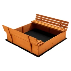 Sandkasten mit Deckel 2 Sitzbänke 98 x 98 x 21 cm, Sandkiste aus Holz mit klappbaren Bänken, Sandkasten mit Abdeckung, Sandbox mit Vliesboden
