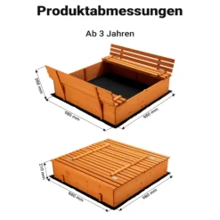 Sandkasten mit Deckel 2 Sitzbänke 98 x 98 x 21 cm, Sandkiste aus Holz mit klappbaren Bänken, Sandkasten mit Abdeckung, Sandbox mit Vliesboden