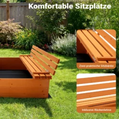 Sandkasten mit Deckel 2 Sitzbänke 98 x 98 x 21 cm, Sandkiste aus Holz mit klappbaren Bänken, Sandkasten mit Abdeckung, Sandbox mit Vliesboden