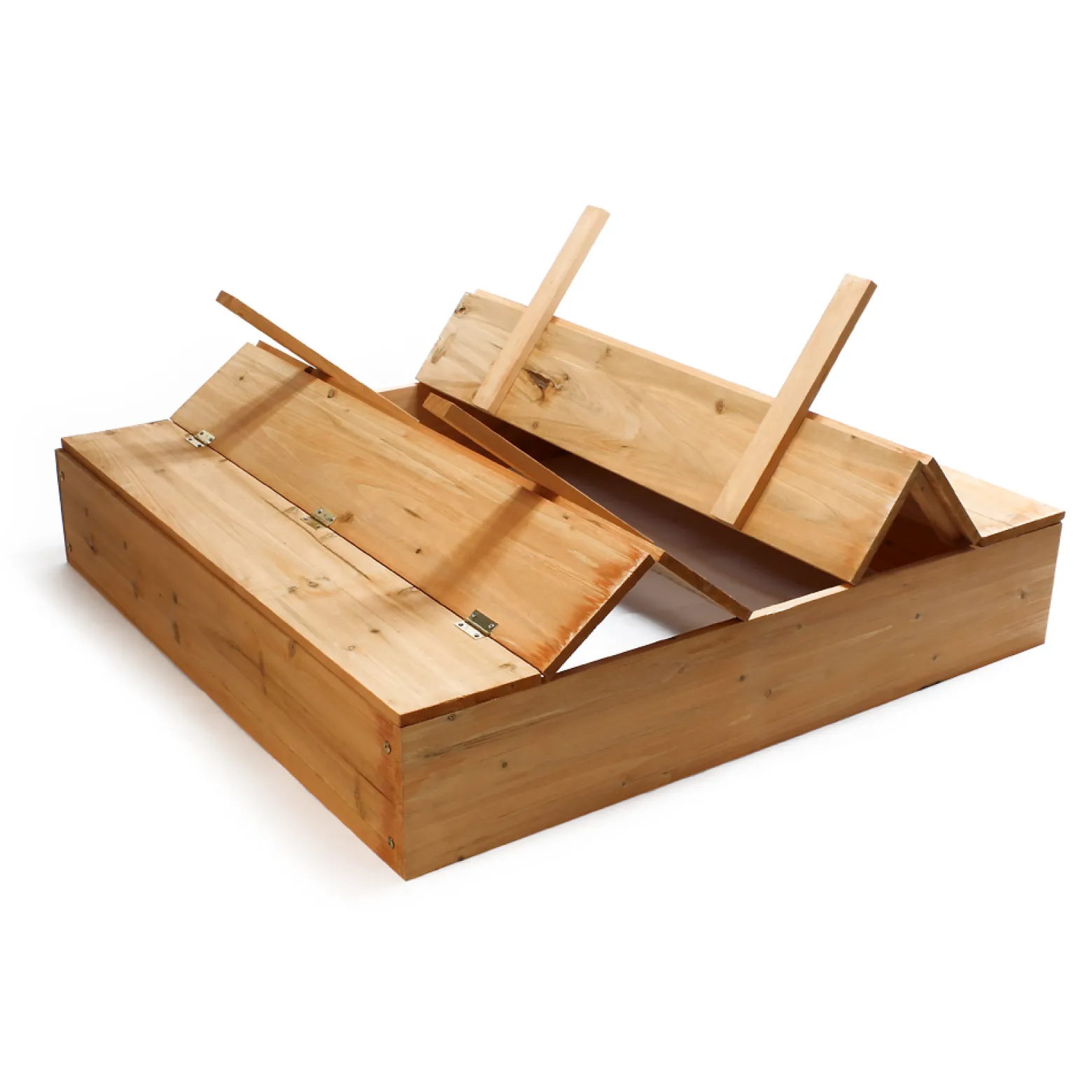 Sandkasten mit Deckel 2 Sitzbänke 98 x 98 x 18 cm, Sandkiste aus Holz mit klappbaren Bänken, Sandkasten mit Abdeckung, Sandbox mit Vliesboden