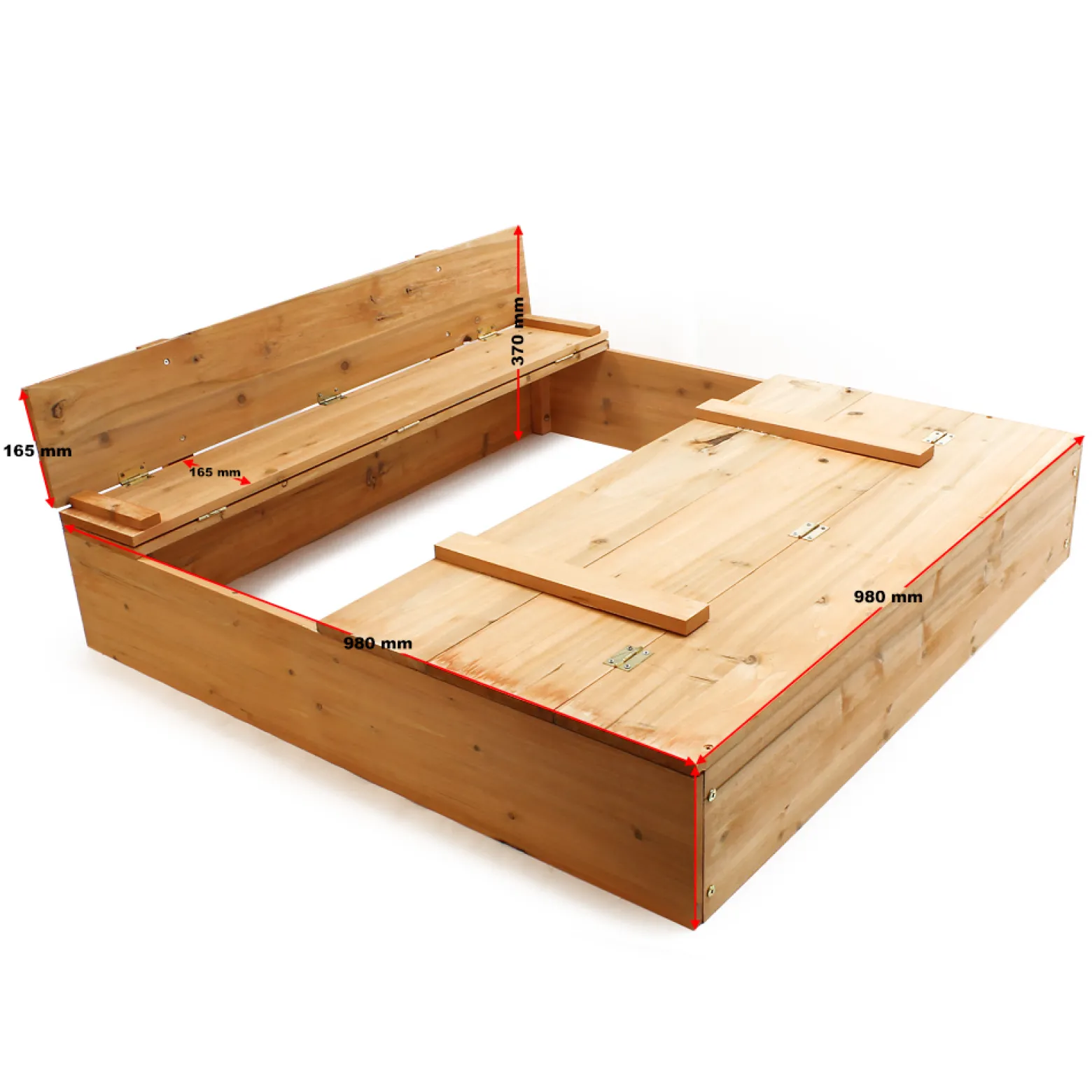 Sandkasten mit Deckel 2 Sitzbänke 98 x 98 x 18 cm, Sandkiste aus Holz mit klappbaren Bänken, Sandkasten mit Abdeckung, Sandbox mit Vliesboden