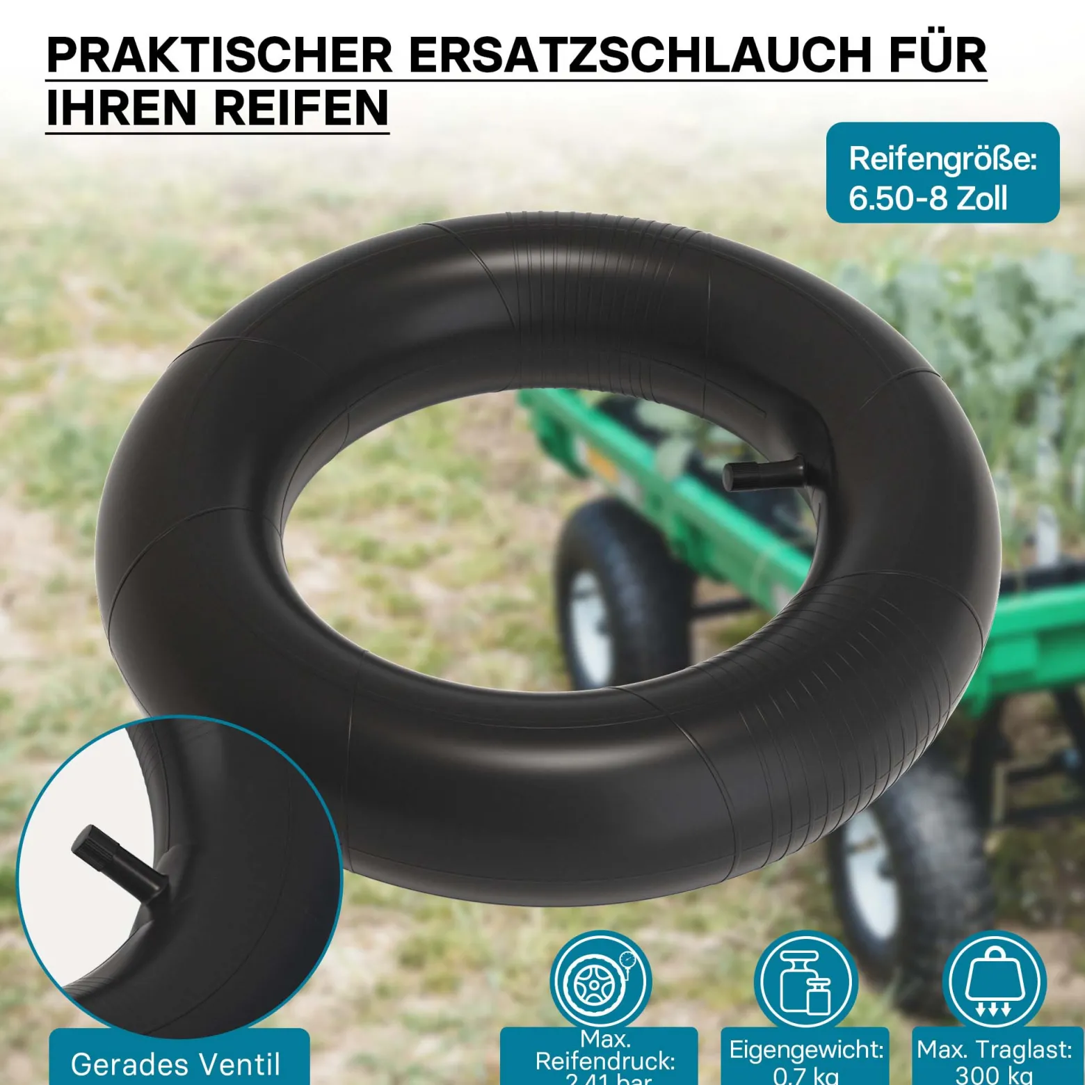 Schlauch für Rasenmäherreifen 16 x 6.50 – 8 mit geradem Ventil zur Selbstmontage
