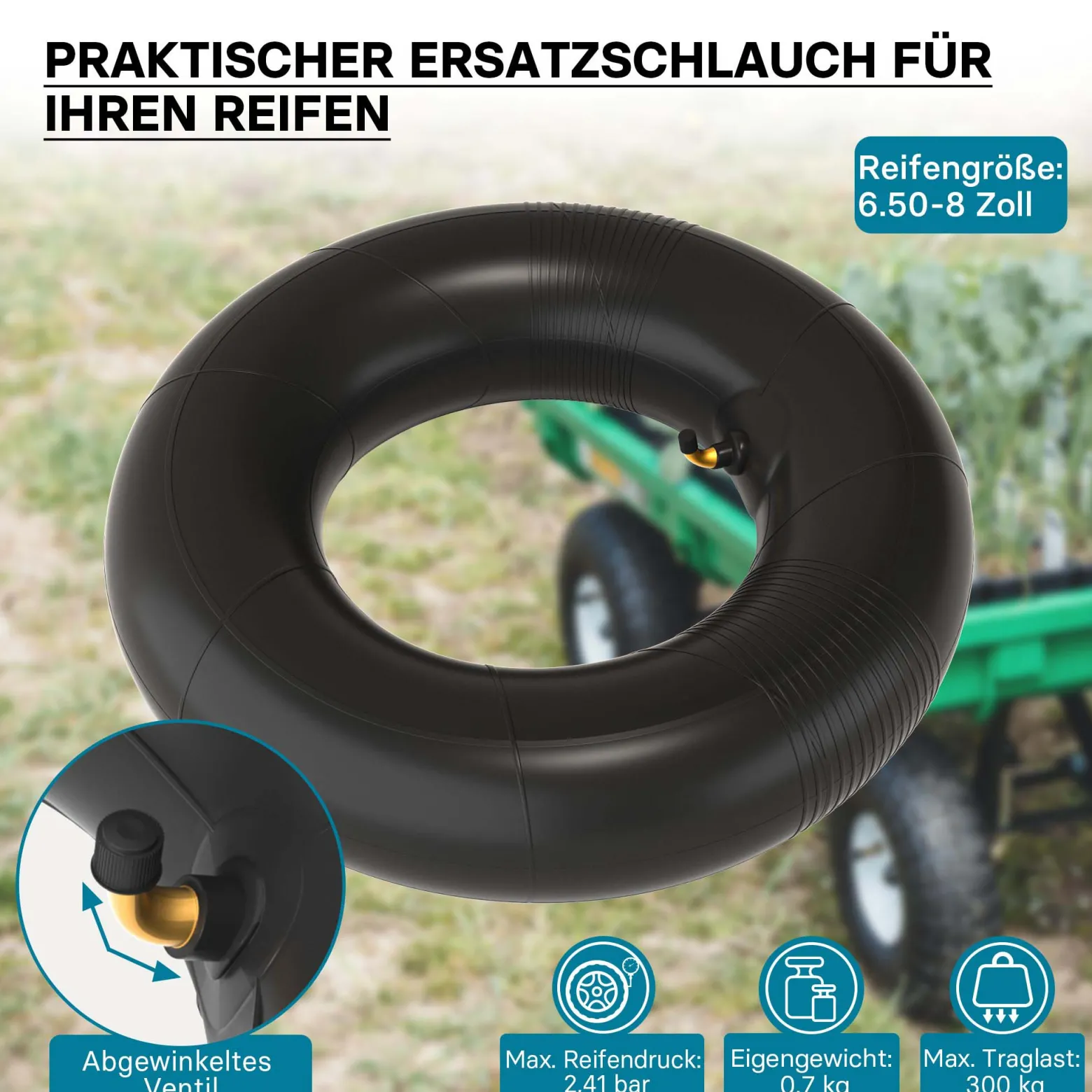 Schlauch für Rasenmäherreifen 16 x 6.50 – 8 mit Winkelventil zur Selbstmontage