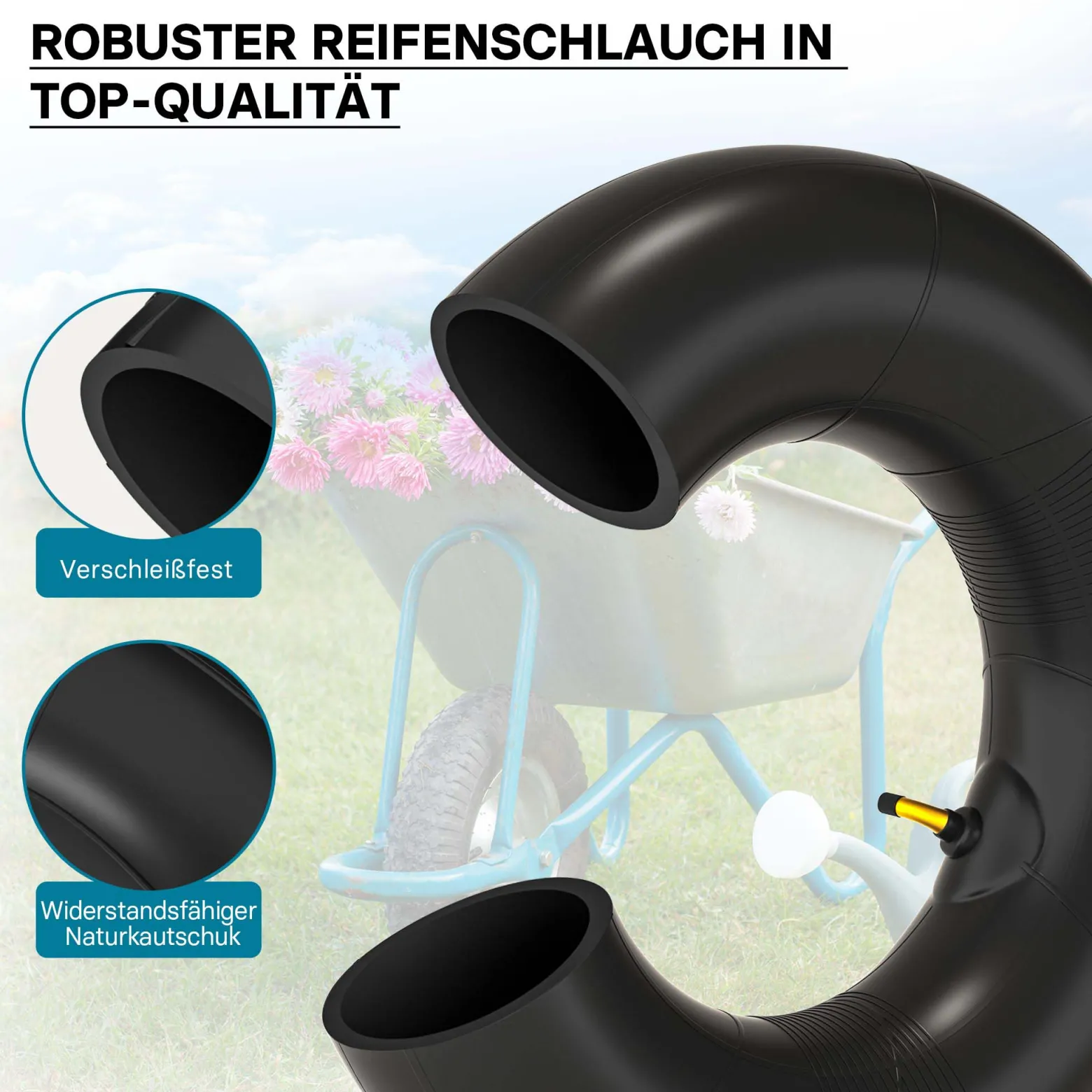 Schlauch für Rasenmäherreifen 16 x 6.50 – 8 mit Winkelventil zur Selbstmontage