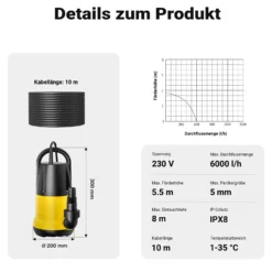Schmutzwasserpumpe 6000l/h, 250W, max. Förderhöhe 5,5m, Fremdkörper bis Ø5mm
