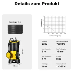 Schmutzwasserpumpe 7.500l/h, 400W, max. Förderhöhe 5m, Fremdkörper bis Ø35mm